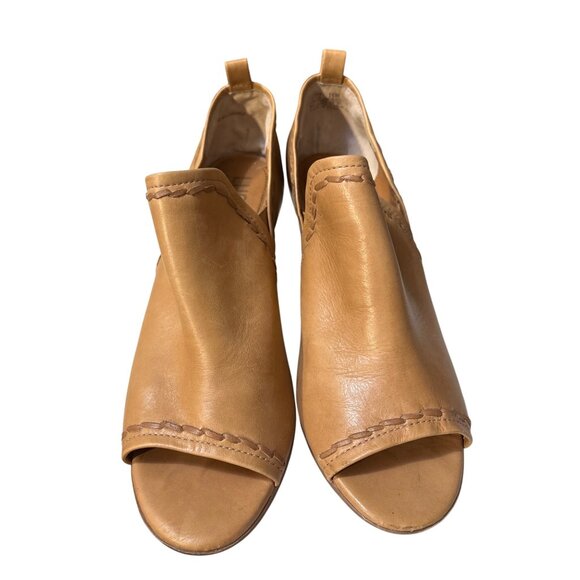 Lucca Lane Tan Leather Peep-Toe Block Heel Sandals With Stitch Detail & Back Pul - Picture 2 of 8